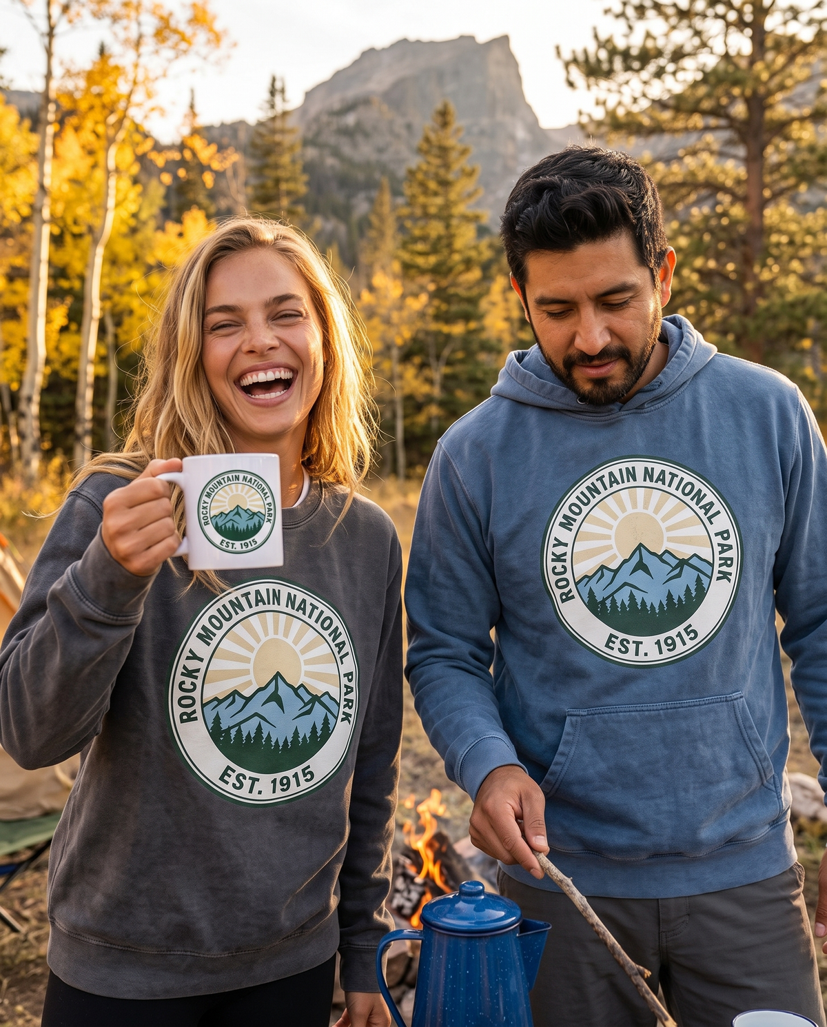 Couple at a campfire in the Rockies with the Rocky Mountain National Park mug, Smoke crewneck and Blue Jean hoodie