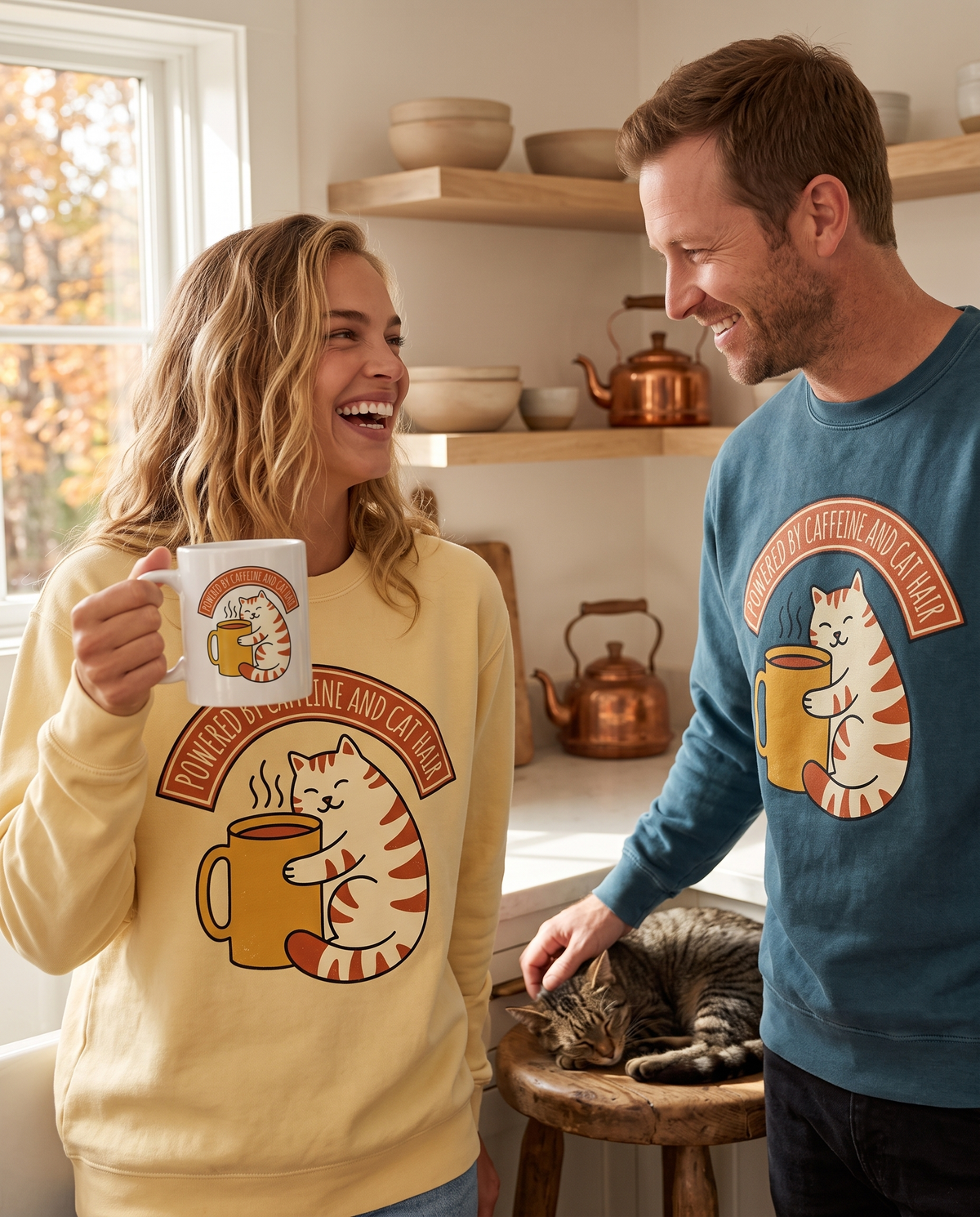 Couple in a kitchen with the Cat Coffee mug and a sleeping cat, in Cat Coffee Powered by Caffeine Butter and Ocean crewnecks