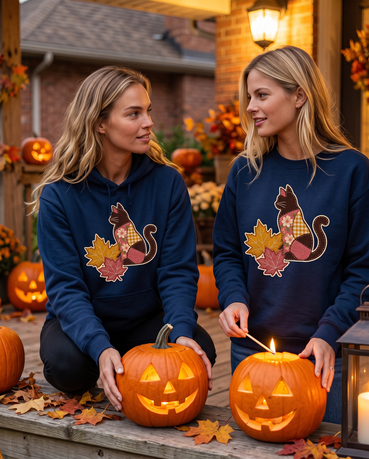 Two women on a Halloween porch at dusk lit by jack-o'-lanterns, wearing a navy hoodie and a navy crewneck printed with a patchwork black cat and two fall leaves (A3-F7)