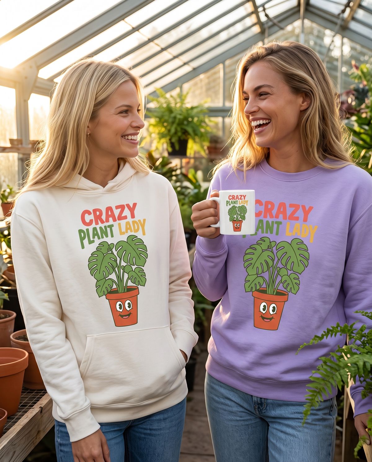 Two women laughing in a greenhouse aisle, one carrying a fern in a Crazy Plant Lady hoodie and one in a Crazy Plant Lady crewneck holding the Crazy Plant Lady mug (A3-F6)
