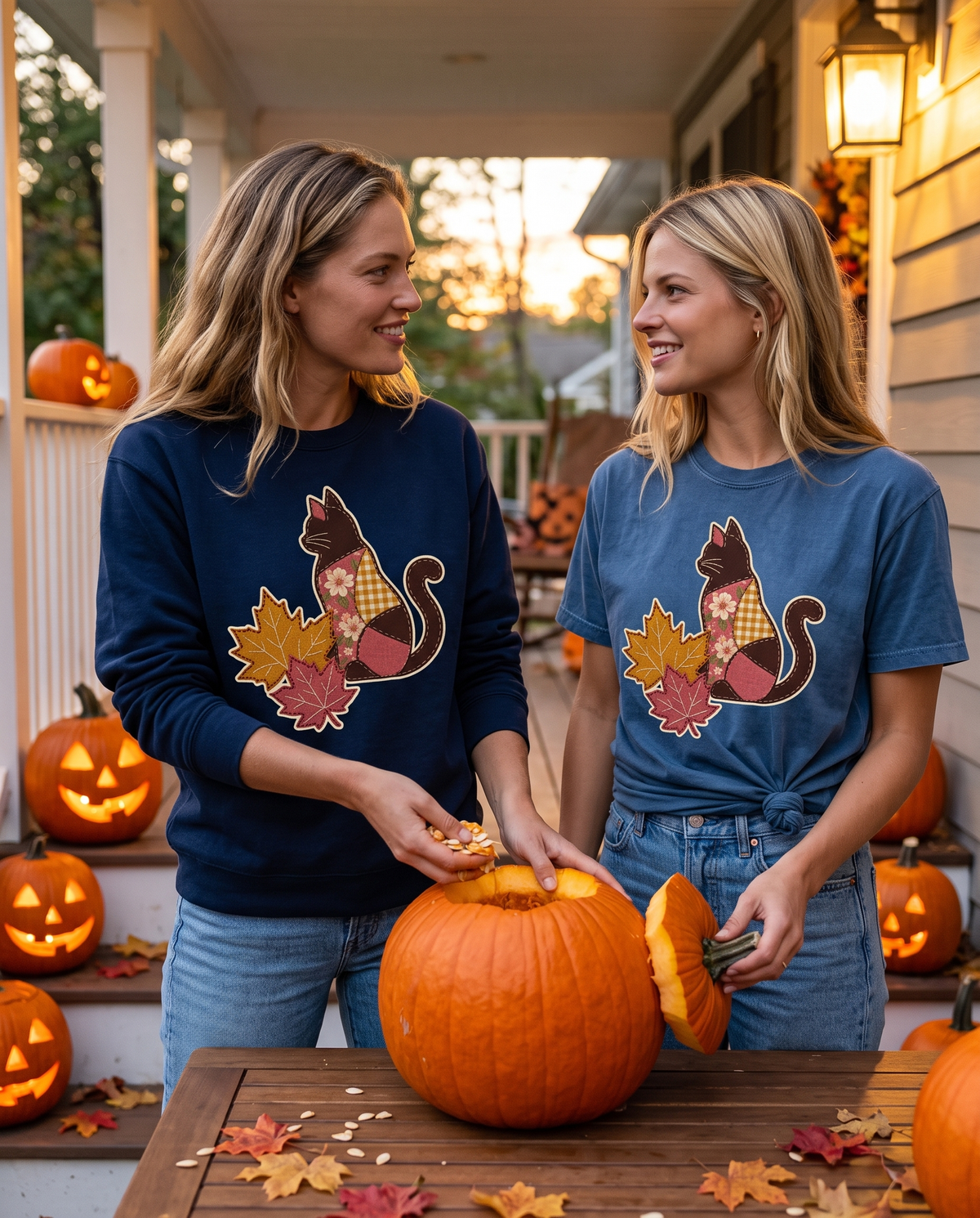 Two women carving pumpkins on a Halloween porch, one in a navy crewneck scooping seeds and one in a knotted Denim tee holding the lid, both printed with a patchwork black cat and two fall leaves (A3-F11)