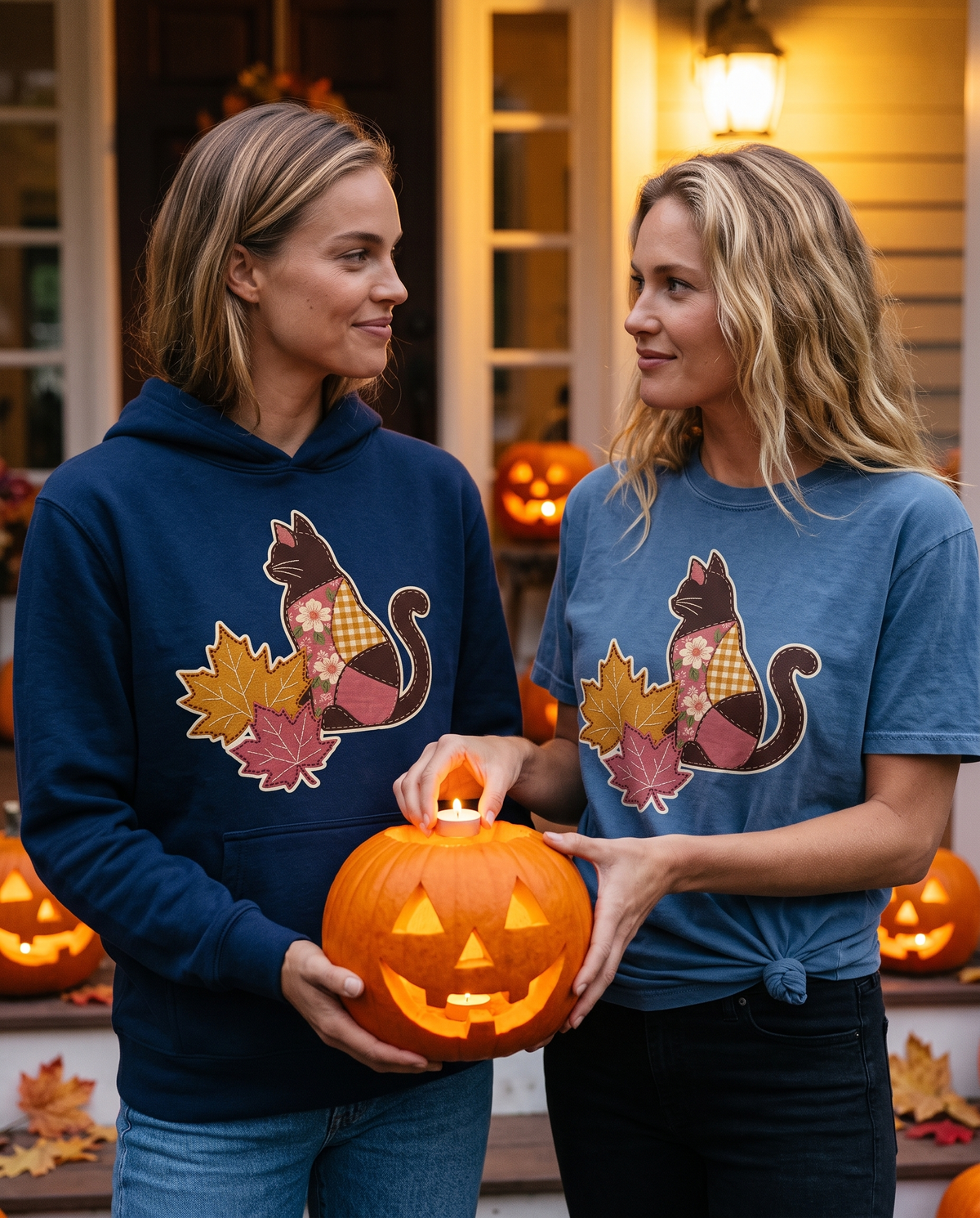 Two women on a lit Halloween porch sharing a jack-o'-lantern as one lowers a tealight in, wearing a navy hoodie and a knotted Denim tee printed with a patchwork black cat and two fall leaves (A3-F13)