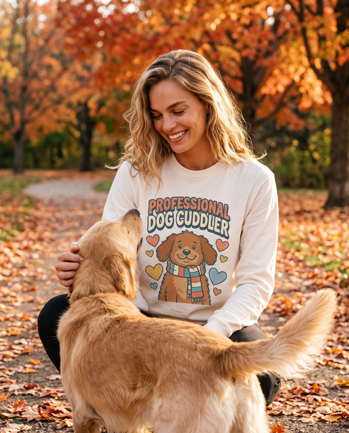 Woman in an Ivory long-sleeve tee with a cartoon dog print crouching to pet a golden retriever on a leaf-covered path in an autumn park