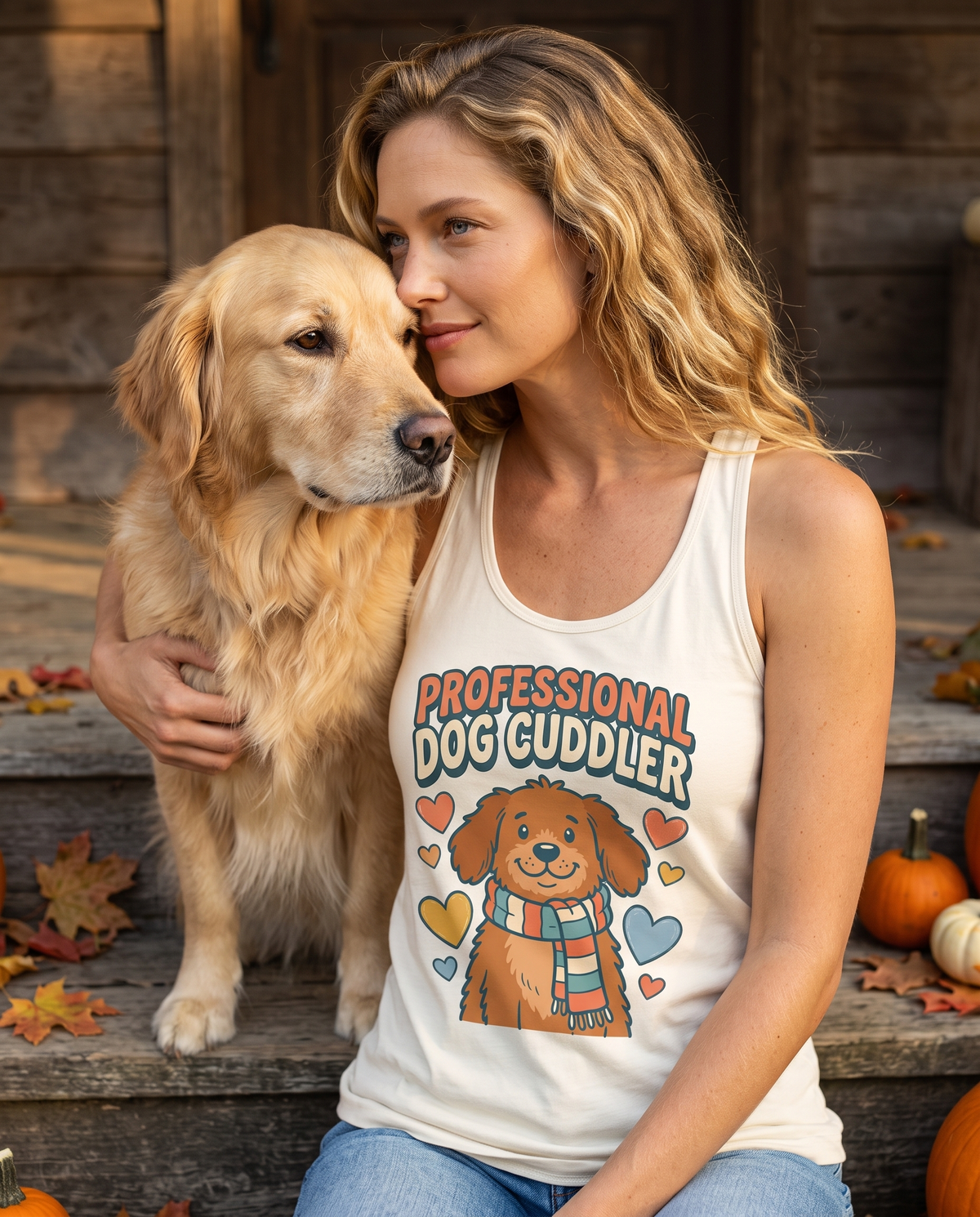 Woman in an Ivory tank top with a cartoon dog print hugging a golden retriever on rustic wooden porch steps with pumpkins and fallen leaves
