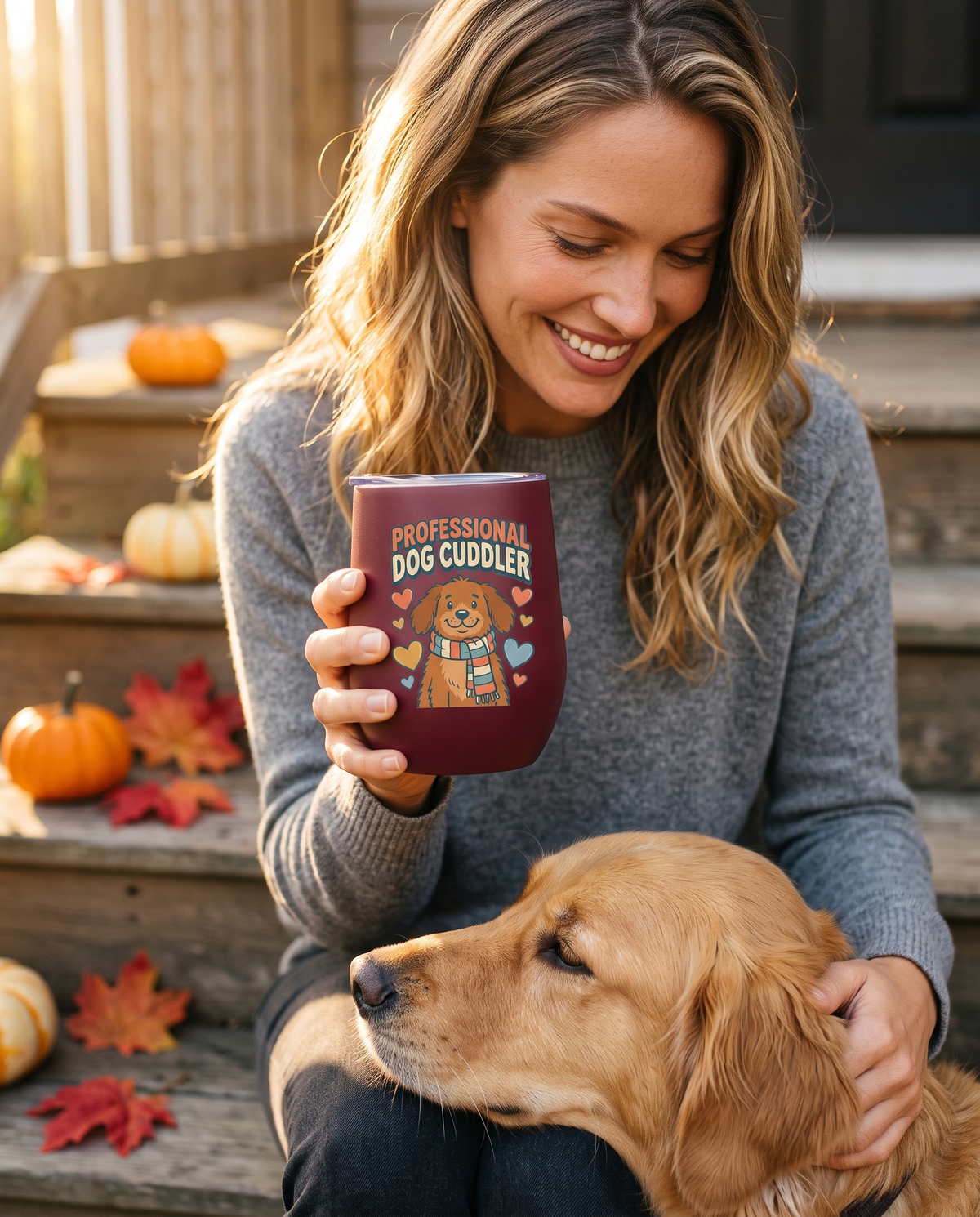 Woman holding a Maroon 12oz tumbler with a cartoon dog print while stroking a golden retriever on porch steps with pumpkins and red leaves