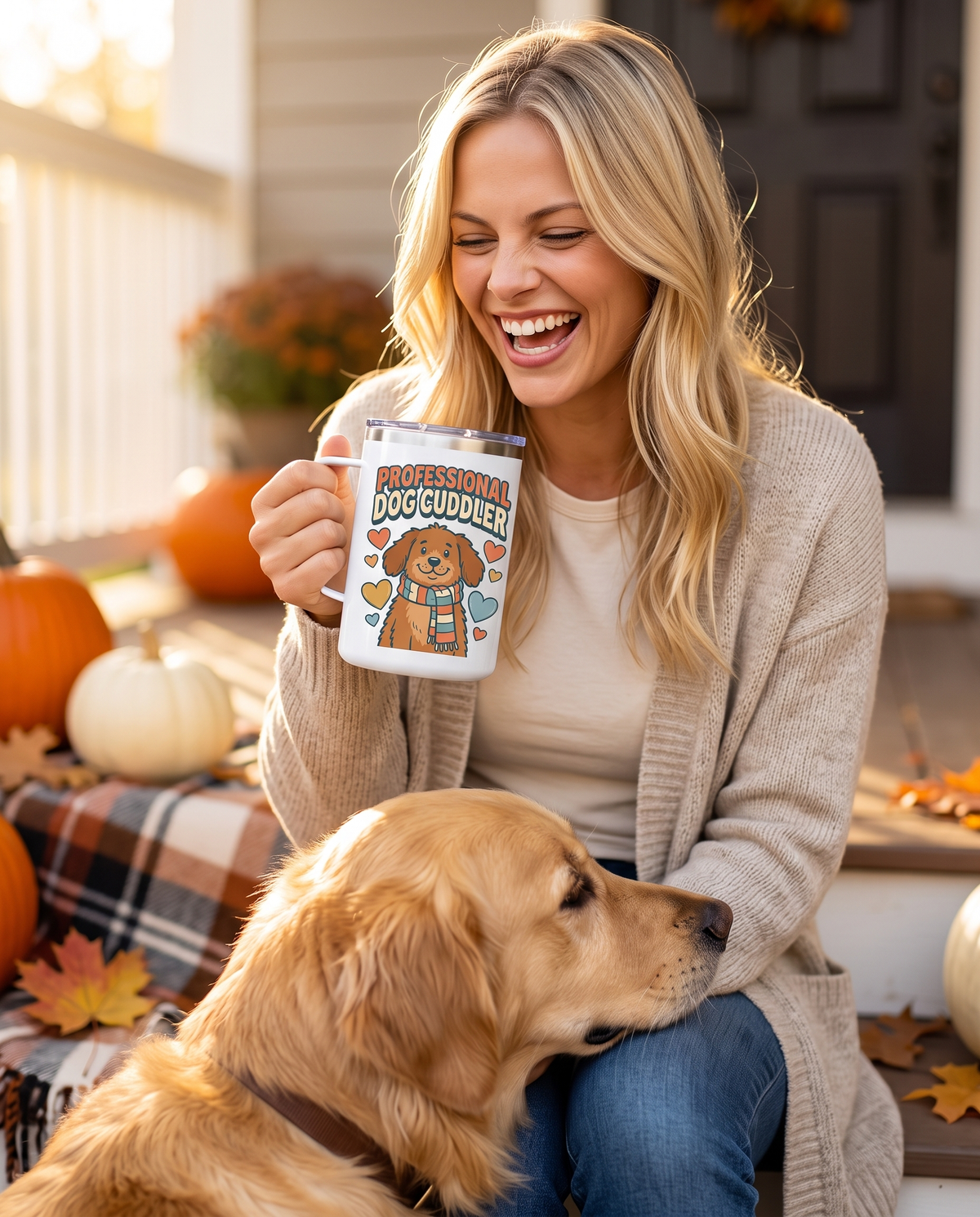 Laughing woman holding a White 15oz tumbler with a cartoon dog print on a front porch with pumpkins, a plaid blanket and her golden retriever