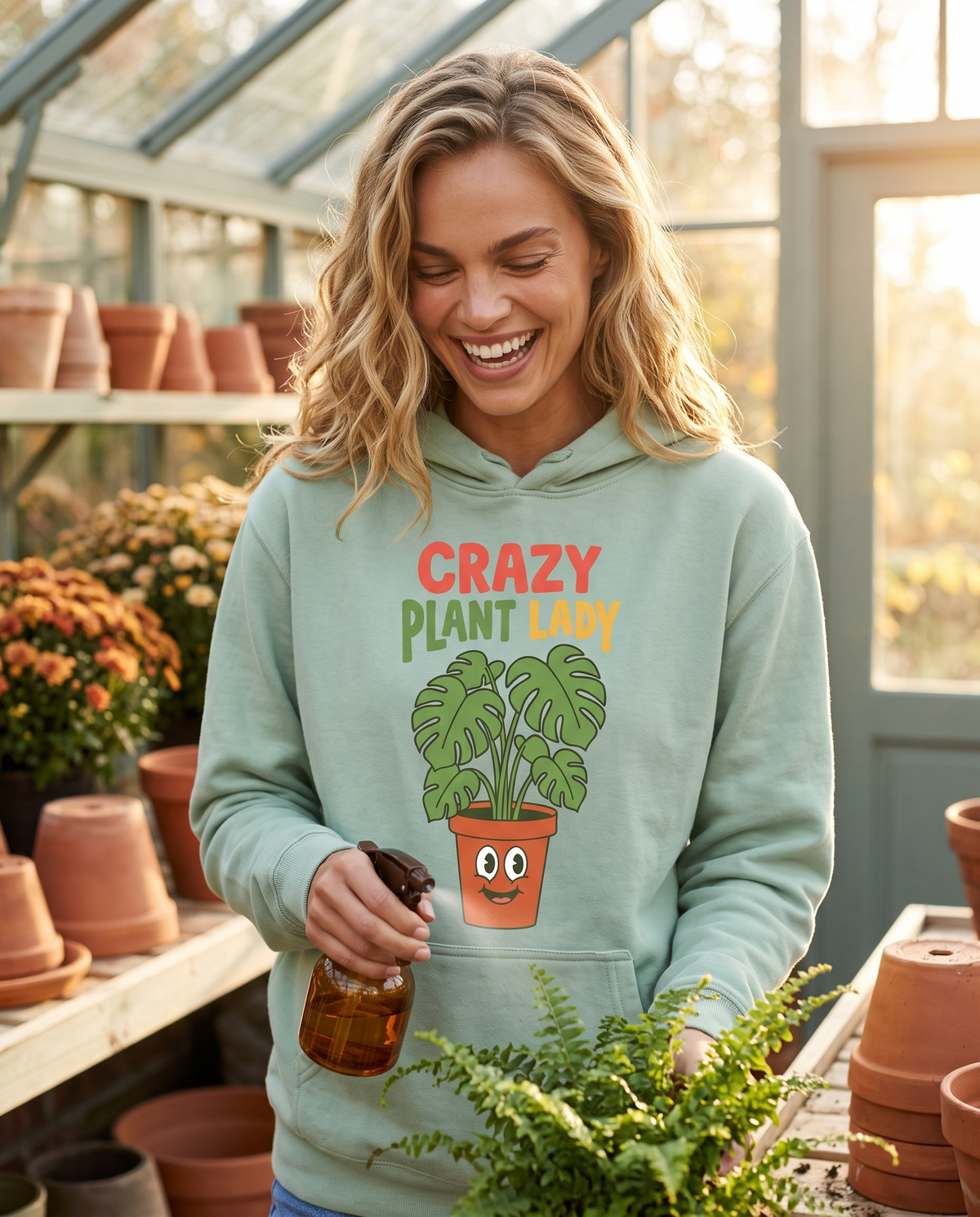 Laughing woman in a Seafoam hoodie with a potted monstera print misting plants in a sunlit greenhouse with terracotta pots and mums