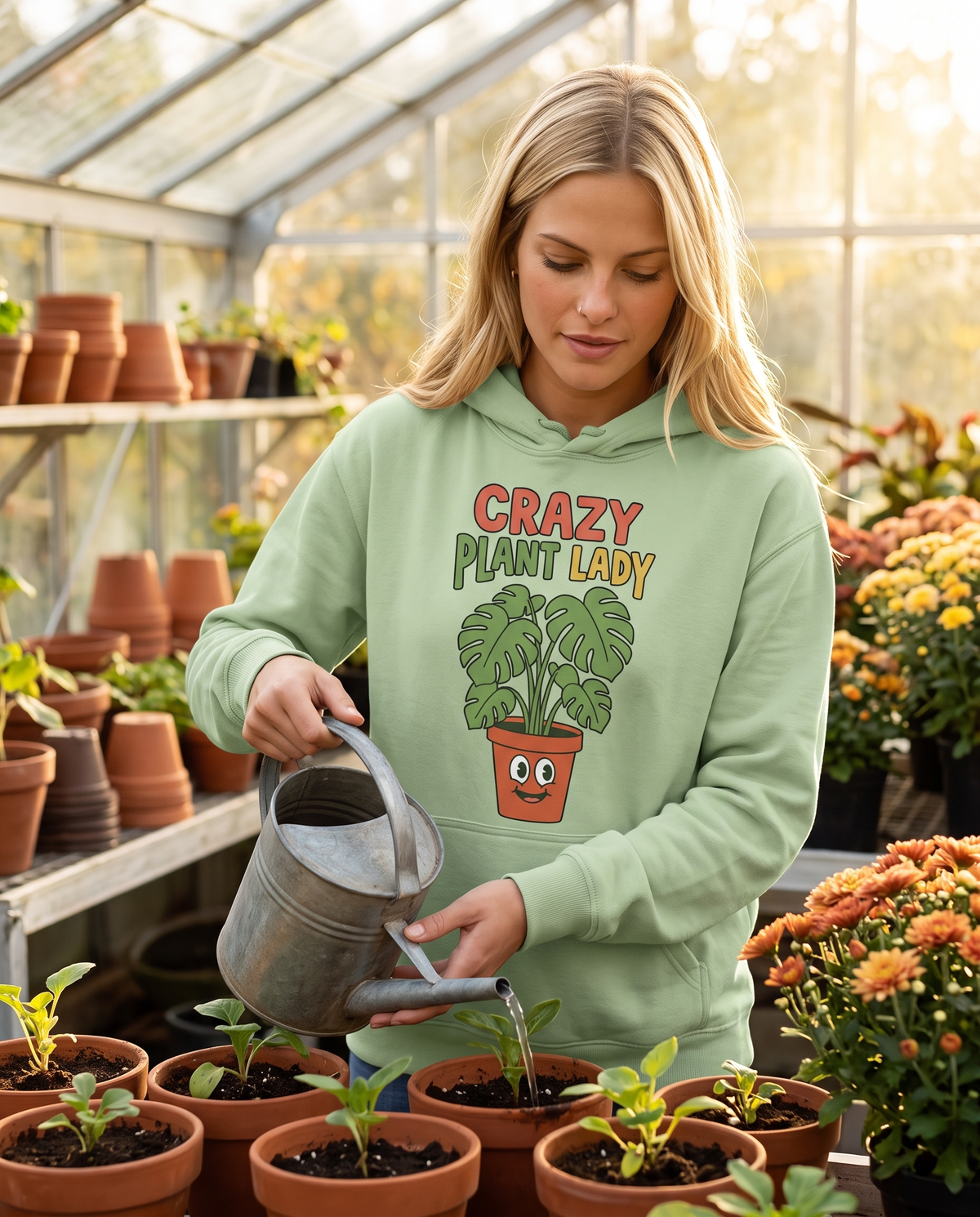 Woman in a Light Green hoodie with a potted monstera print watering seedlings with a metal watering can in a sunlit greenhouse