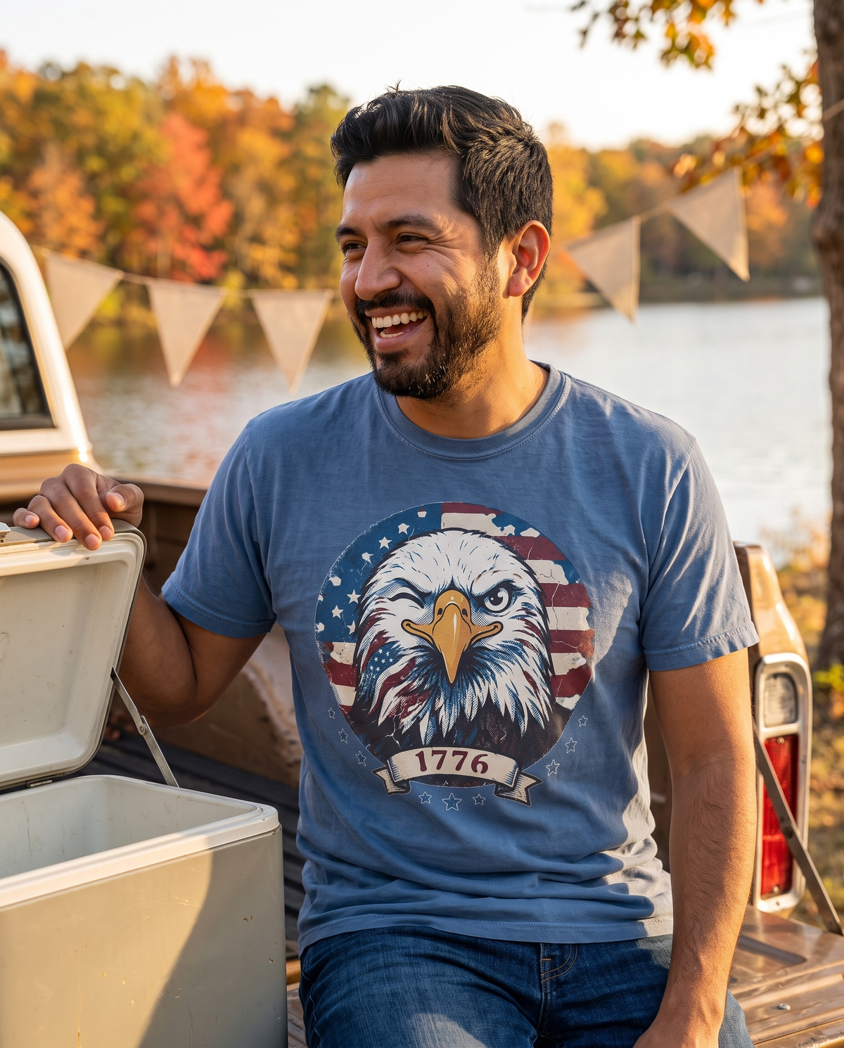Laughing man in a Blue Jean t-shirt with an eagle and flag print sitting on a truck tailgate beside a cooler at an autumn lakeside with bunting