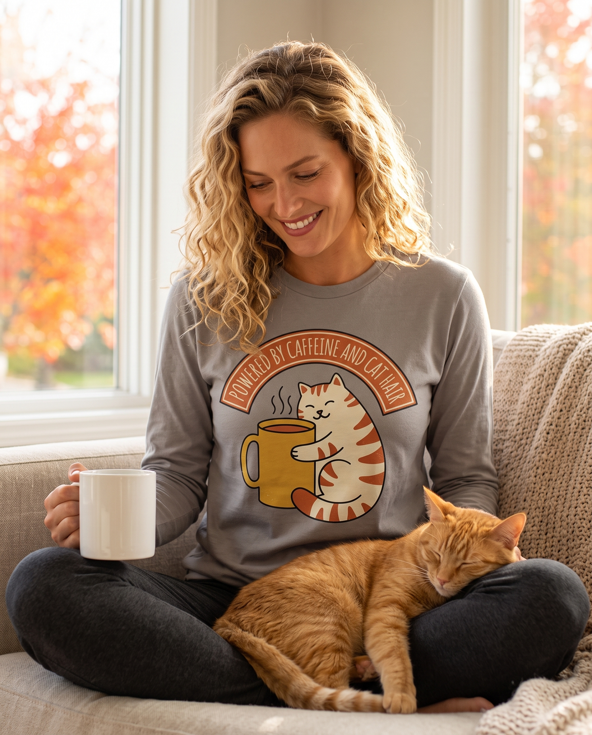 Smiling woman in a Grey long-sleeve tee with a cat and coffee mug print on a sofa holding a mug with an orange tabby cat asleep in her lap