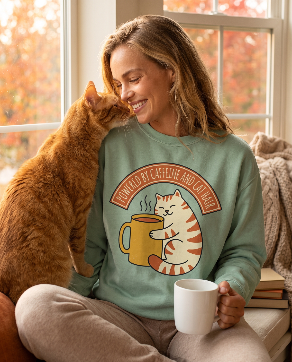 Smiling woman in a Seafoam sweatshirt with a cat and coffee mug print nuzzling an orange tabby cat on a window seat with autumn trees outside