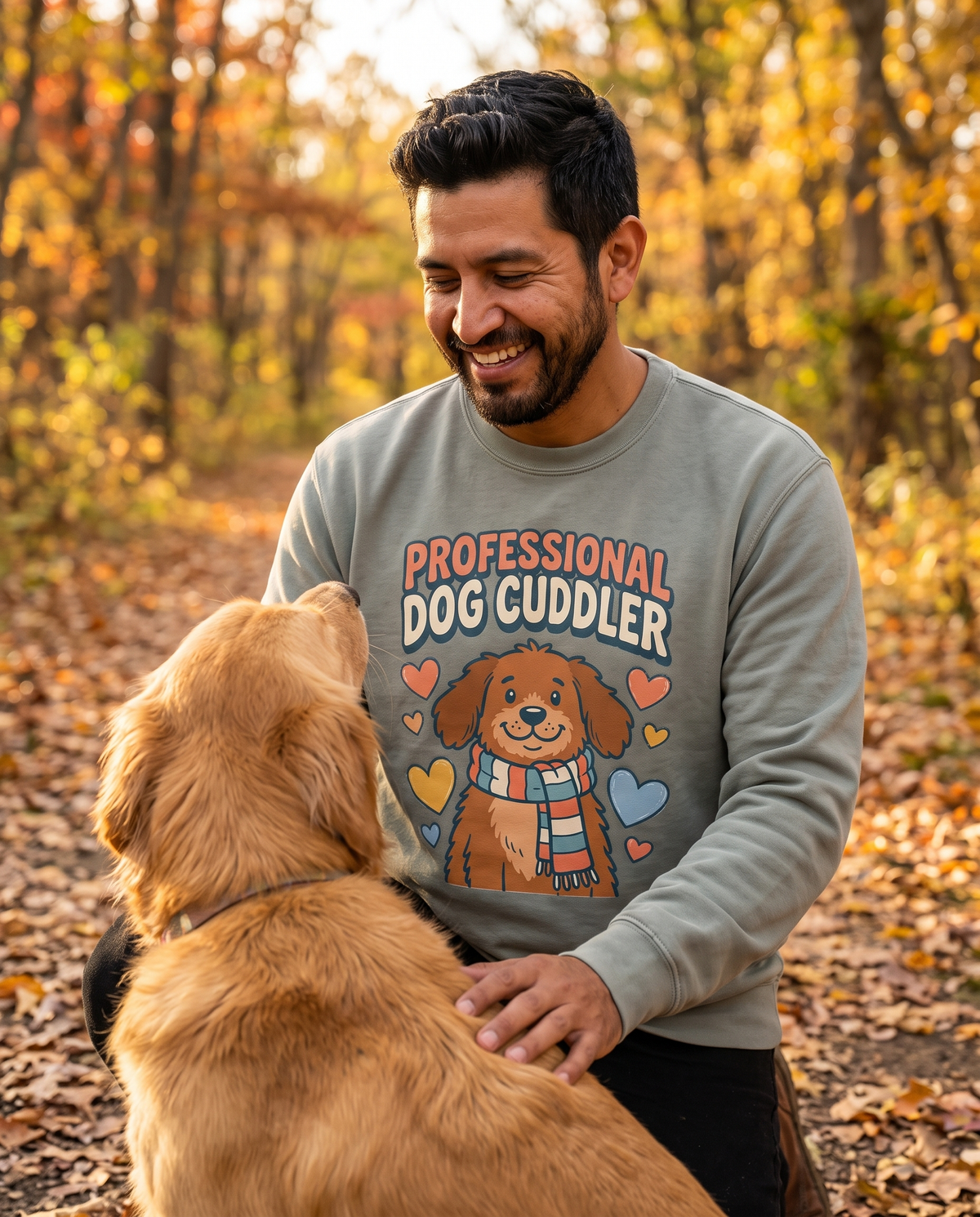 Smiling man in a Fern green sweatshirt with a cartoon dog print kneeling with a golden retriever on an autumn woodland trail