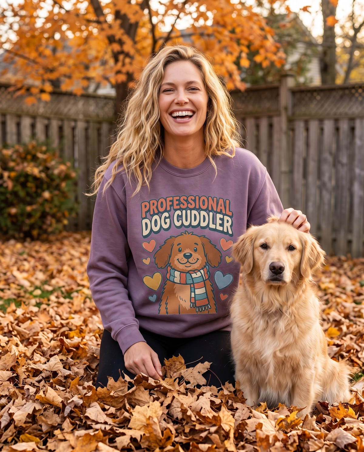 Laughing woman in an Amethyst purple sweatshirt with a cartoon dog print kneeling in fallen leaves beside a golden retriever in a fenced backyard