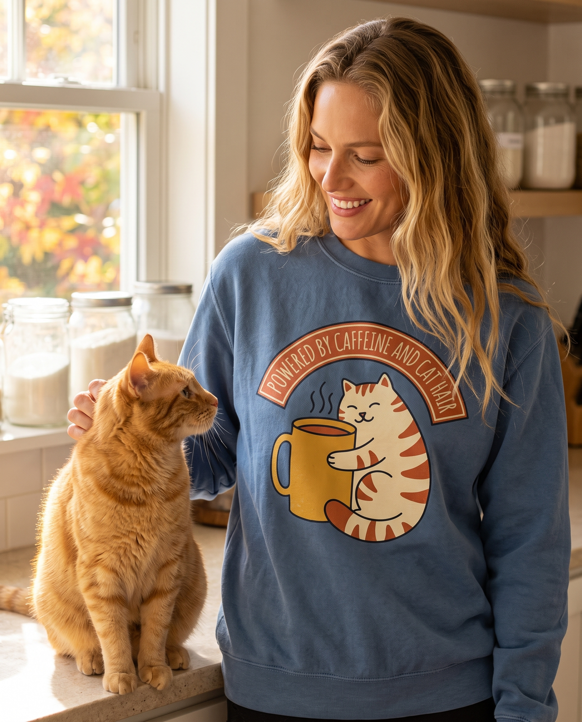 Smiling woman in a Blue Jean sweatshirt with a cat and coffee mug print petting an orange tabby cat on a kitchen counter by an autumn window