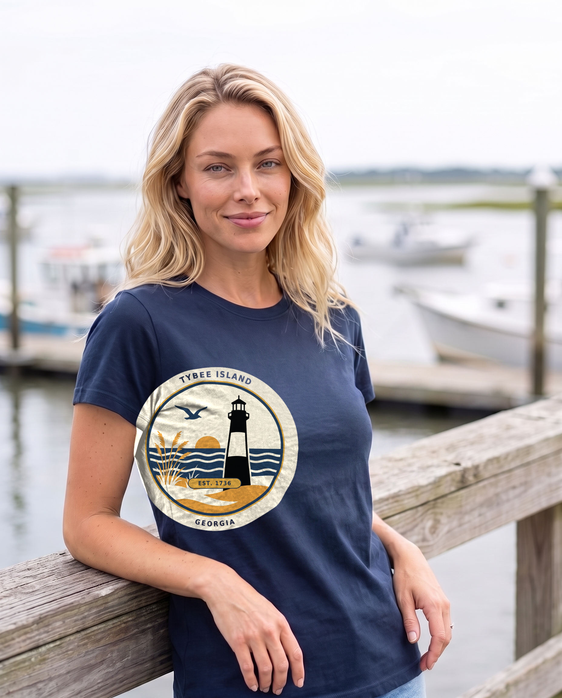 Tybee Island lighthouse badge tee in True Navy on model at the dock, corrected print size
