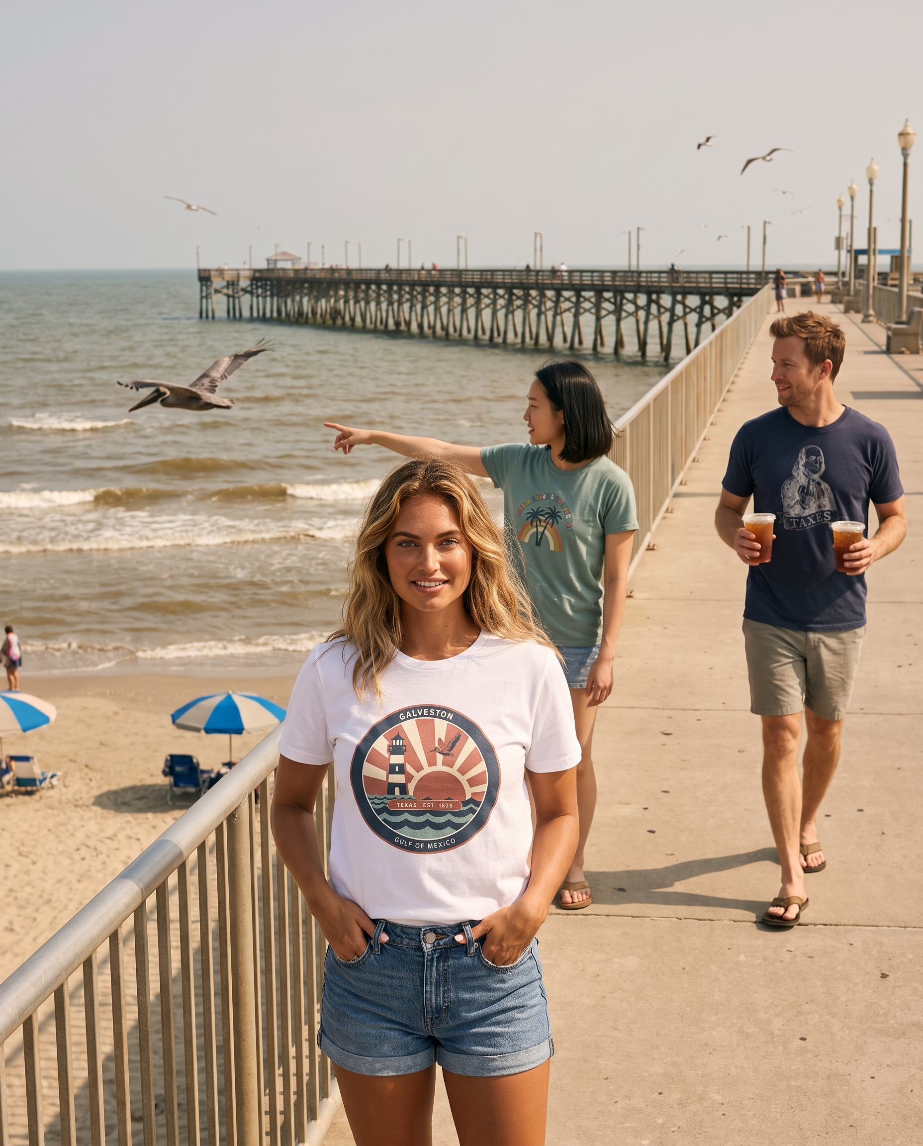 Friends on the Galveston seawall with the fishing pier behind, the front friend in the Galveston Gulf of Mexico badge tee in White, a friend pointing out a pelican in the Palm Trees and 80 Degrees tee in Bay and a friend carrying iced teas in the Ben Franklin TAXES tee in True Navy