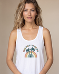 Woman wearing the Palm Trees and 80 Degrees tank top in White, rainbow palms design centered on the chest