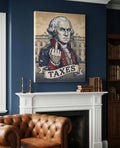 George Washington Taxes canvas above a white mantel in a navy study