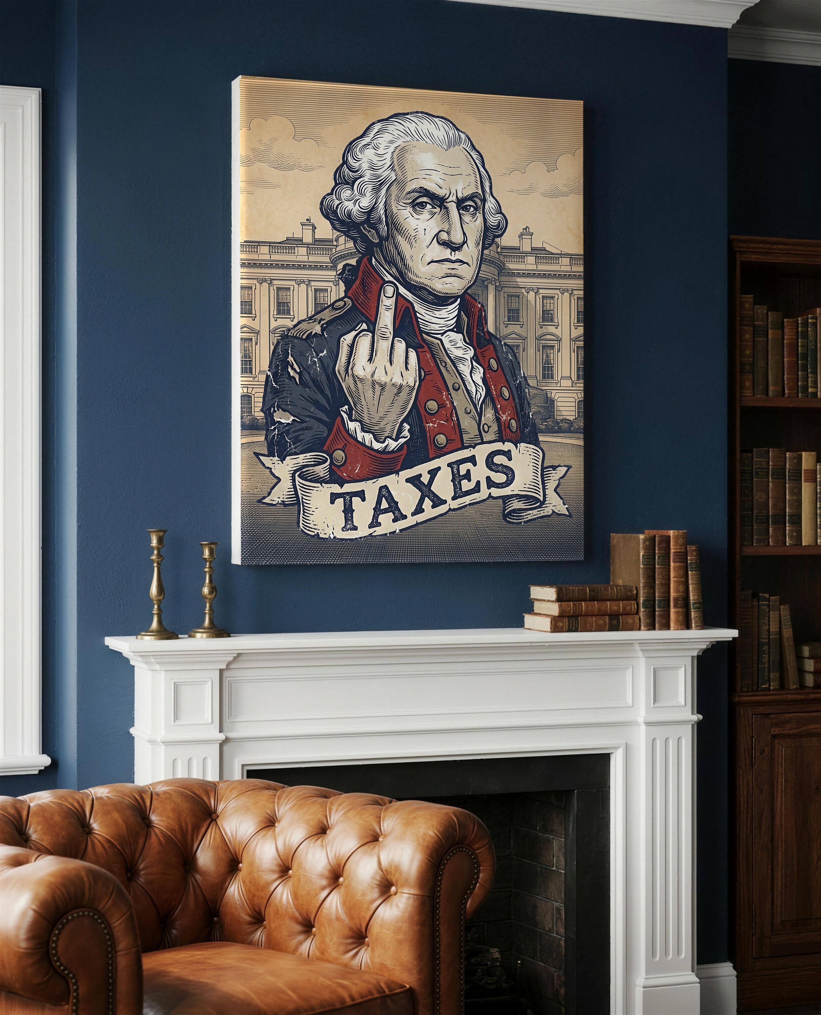 George Washington Taxes canvas above a white mantel in a navy study