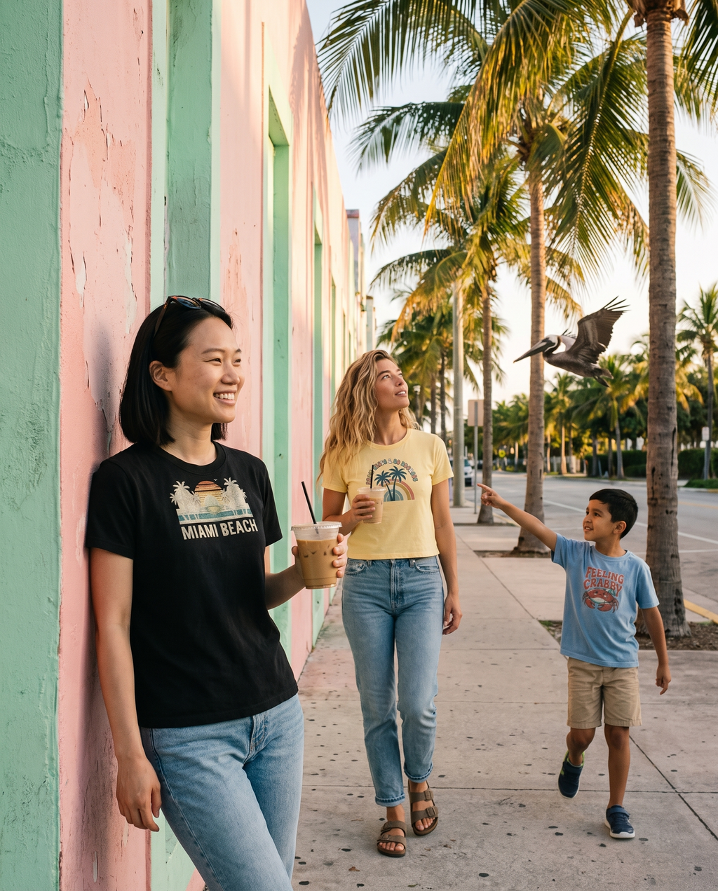 Friends on a pastel Miami street, the front friend leaning on the wall in the Miami Beach retro tee in Black, a friend strolling with iced coffee in the Palm Trees and 80 Degrees tee in Butter and a boy pointing at a pelican in the Feeling Crabby kids tee