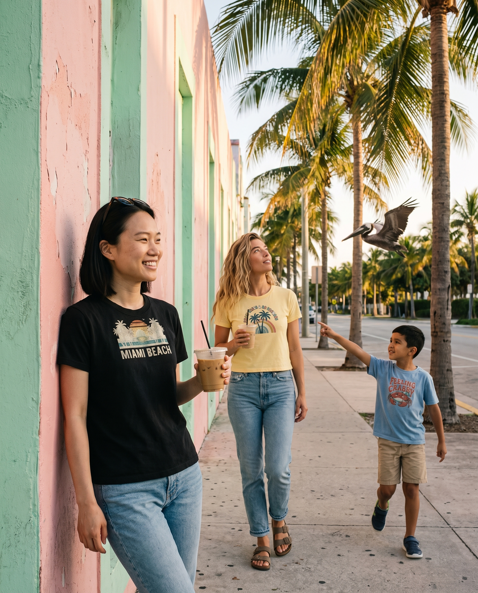 Friends on a pastel Miami street, the front friend leaning on the wall in the Miami Beach retro tee in Black, a friend strolling with iced coffee in the Palm Trees and 80 Degrees tee in Butter and a boy pointing at a pelican in the Feeling Crabby kids tee