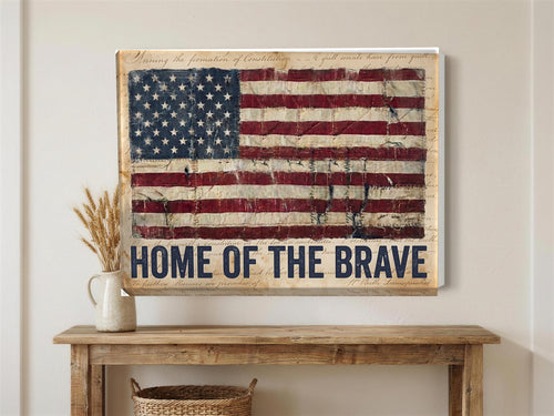 Home of the Brave American flag canvas above a farmhouse console table