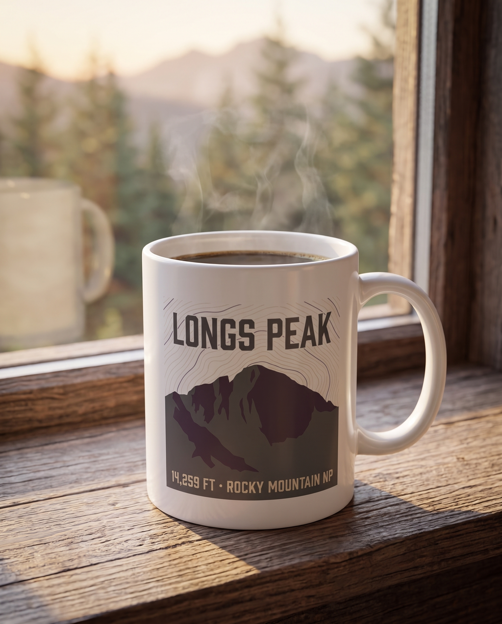 Longs Peak 14,259 ft coffee mug steaming on a cabin windowsill with a Colorado mountain view, topo summit badge design clearly visible
