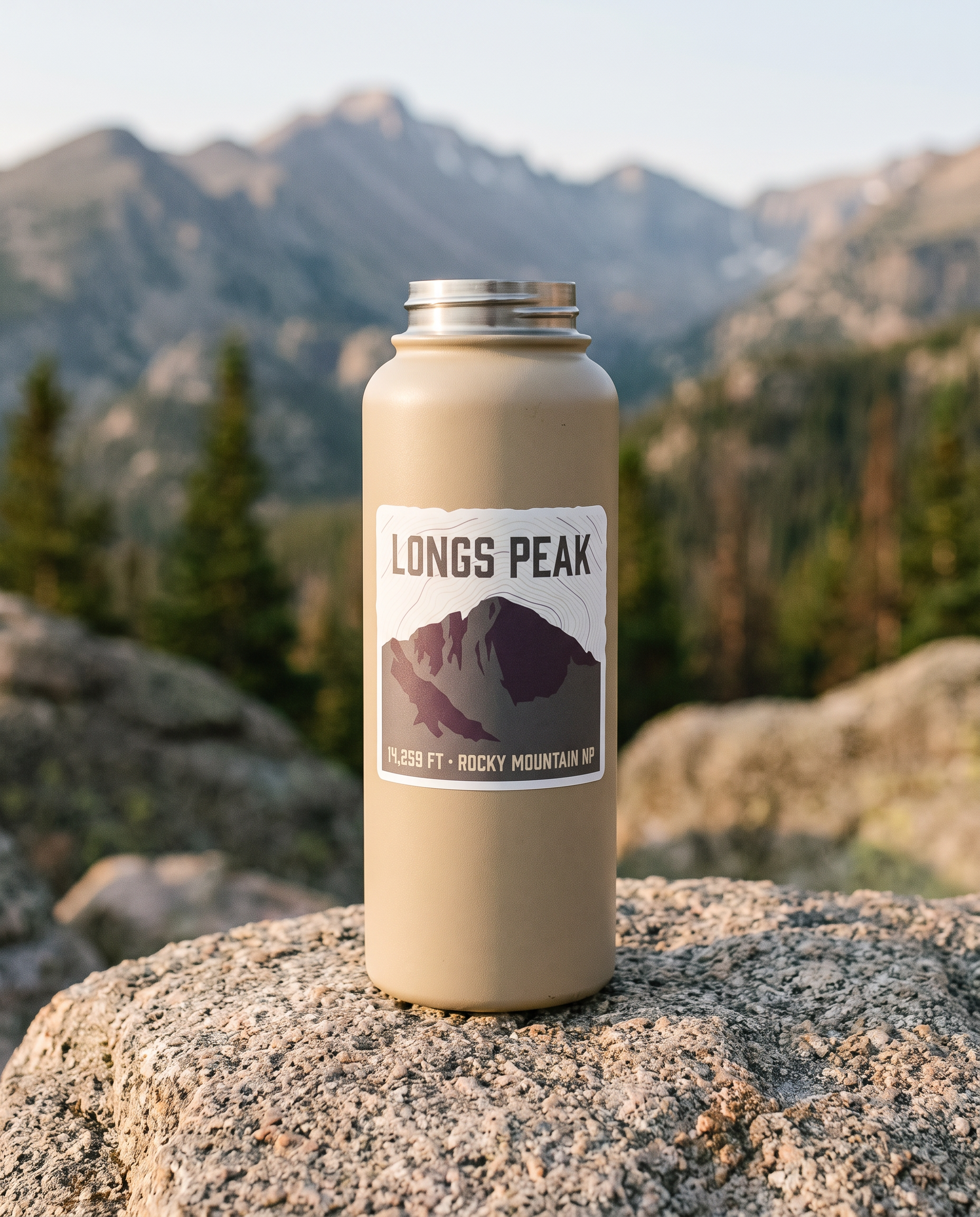 Longs Peak 14,259 ft die-cut sticker on a water bottle at a Rocky Mountain National Park summit