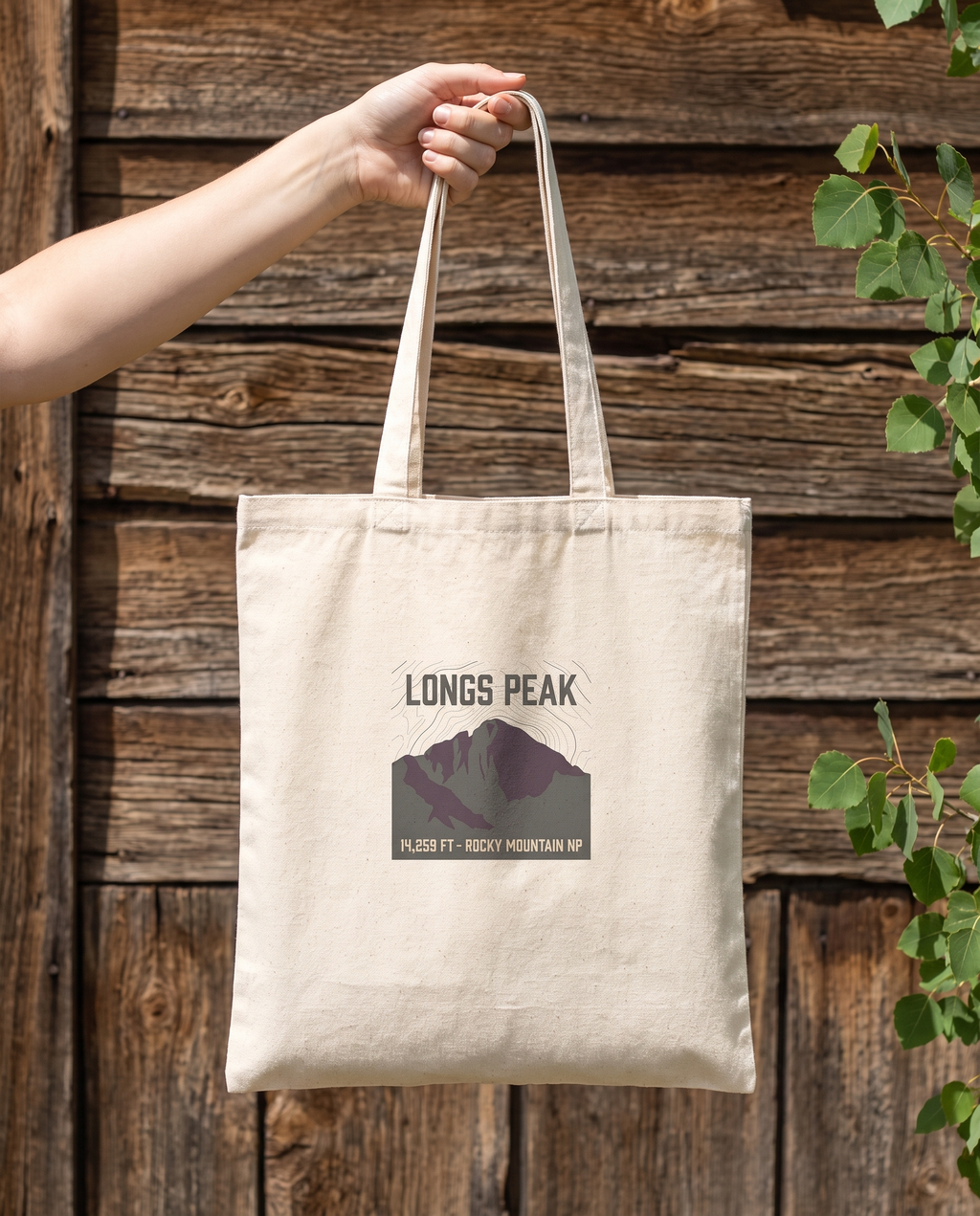 Longs Peak 14,259 ft canvas tote bag in Natural held against a weathered wood wall, topo summit badge design clearly visible