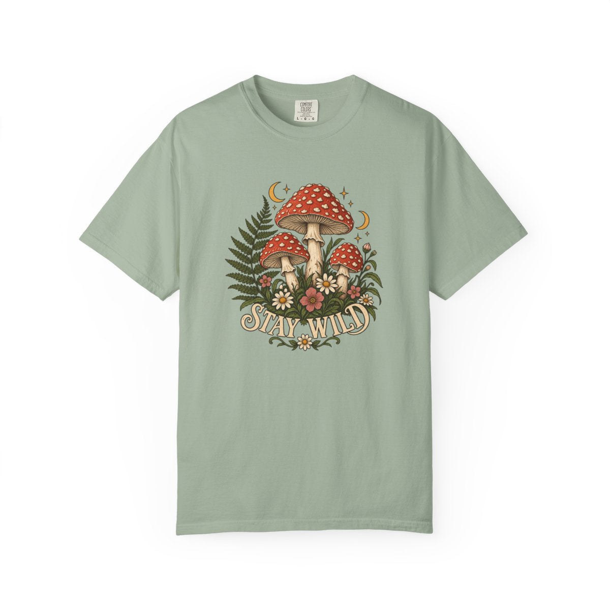 Stay Wild Mushroom design printed on a bay tee, front view