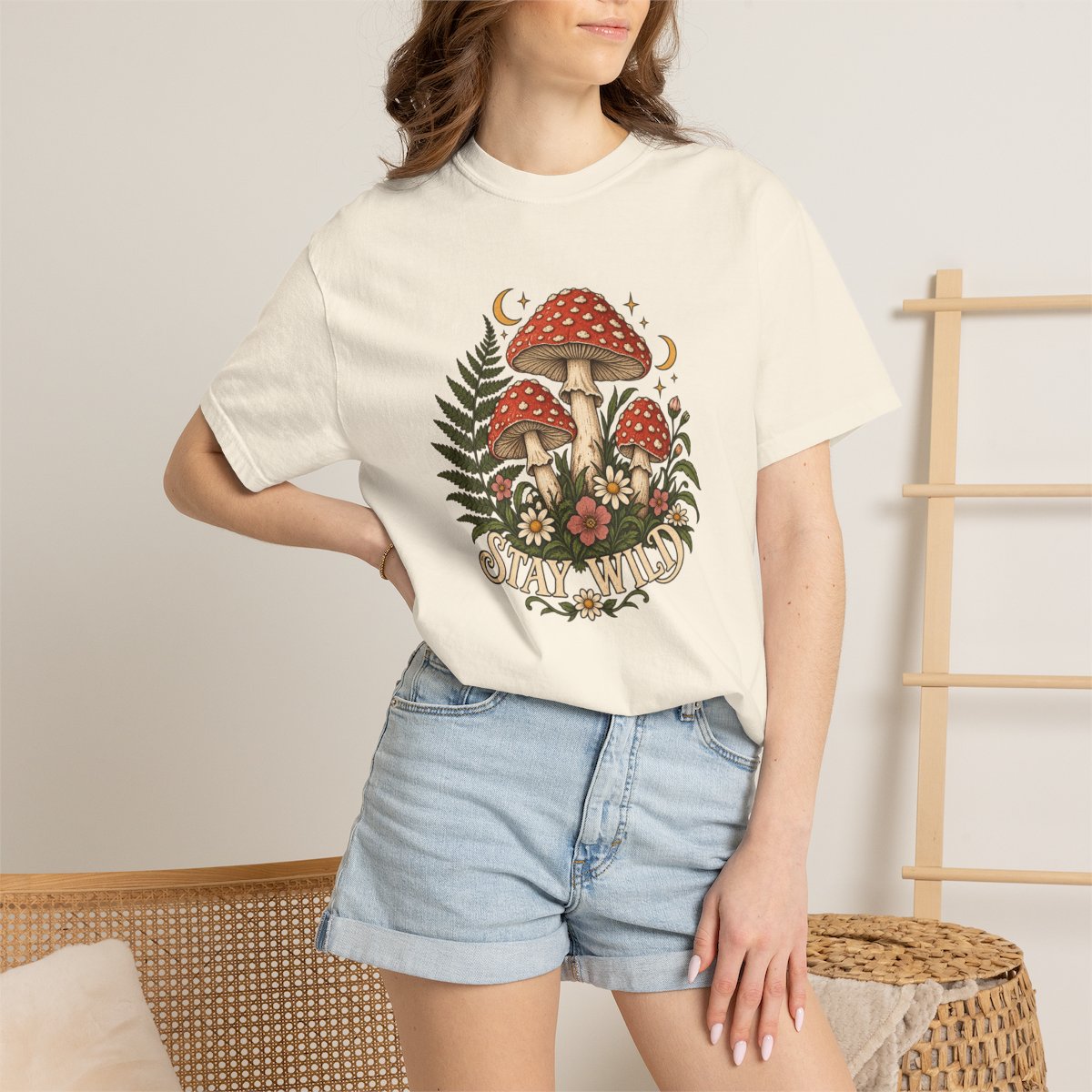 Stay Wild Mushroom tee in ivory, worn