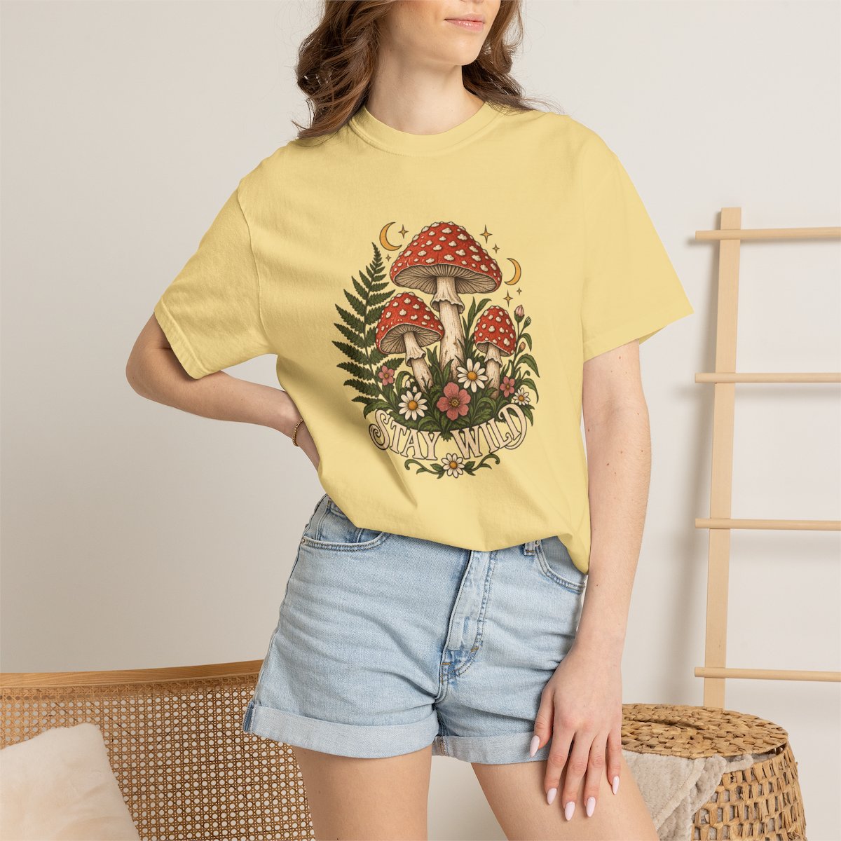 Stay Wild Mushroom tee in butter, worn