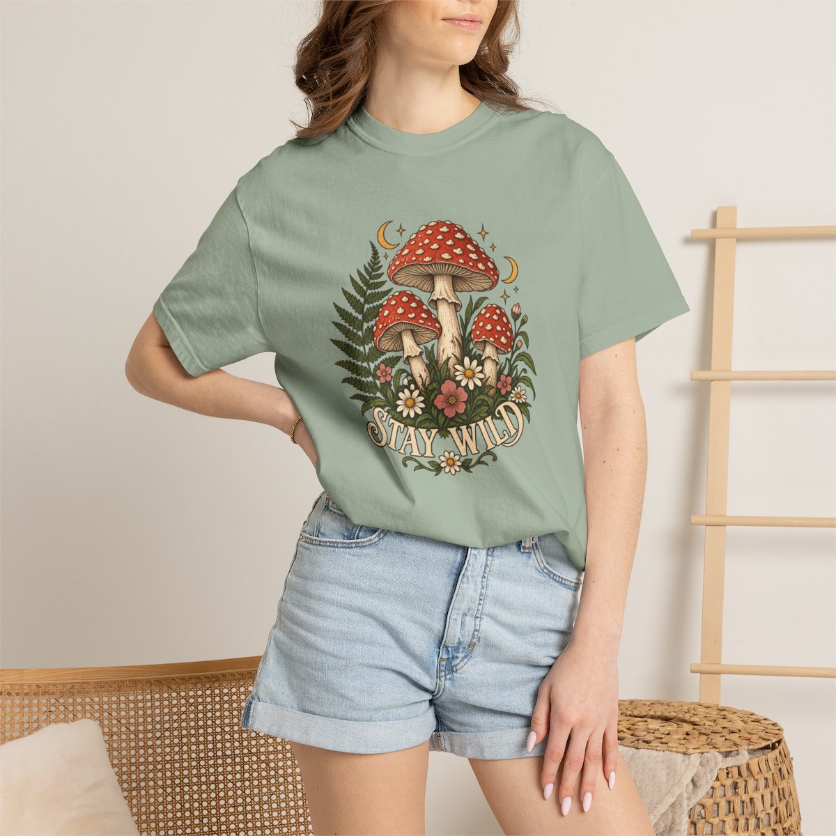 Stay Wild Mushroom tee in bay, worn