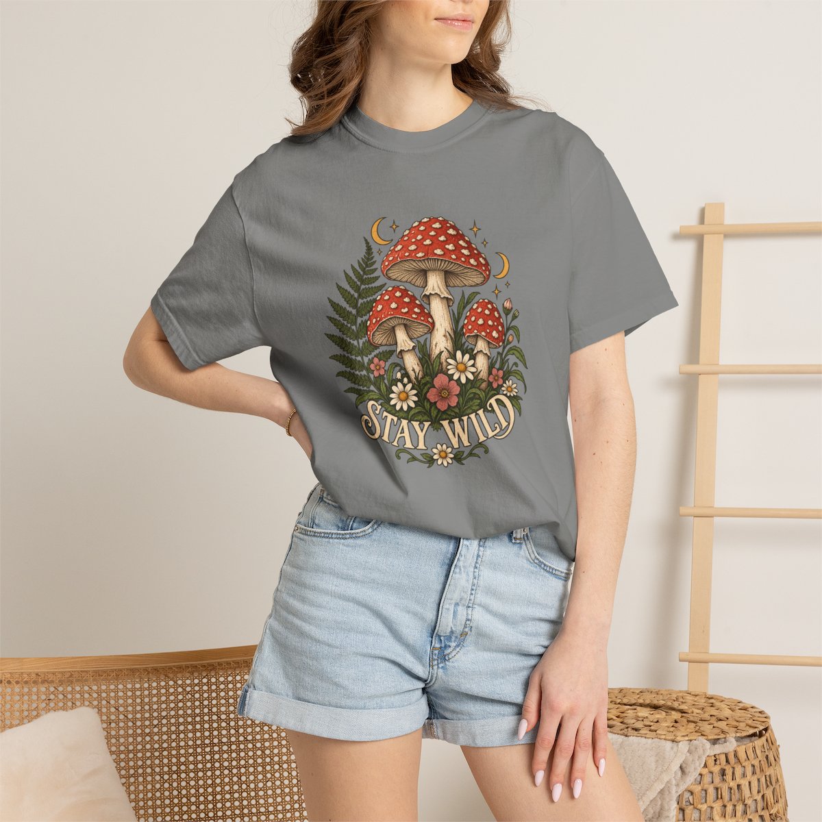 Stay Wild Mushroom tee in granite, worn