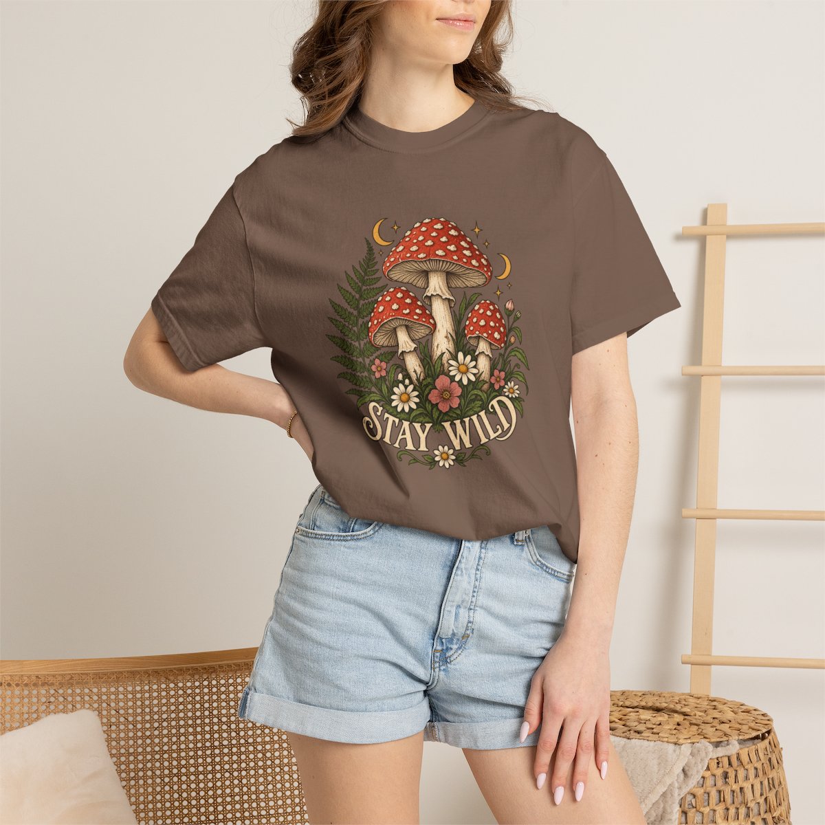 Stay Wild Mushroom tee in espresso, worn