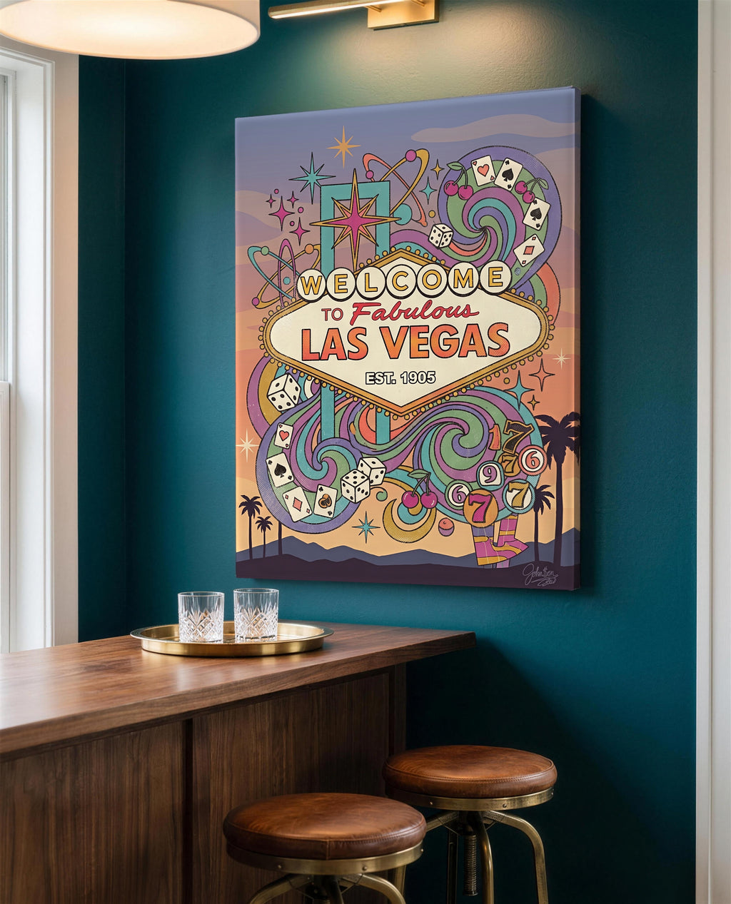 Las Vegas welcome sign canvas in a teal home bar nook