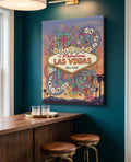 Las Vegas welcome sign canvas in a teal home bar nook