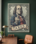 Ben Franklin Taxes canvas hanging above a walnut desk in a green home office
