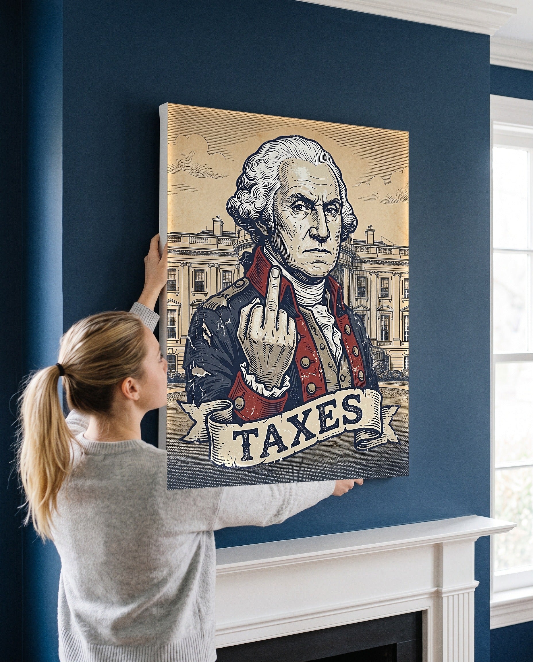 Woman leveling the George Washington Taxes canvas, showing its true 18 by 24 inch size