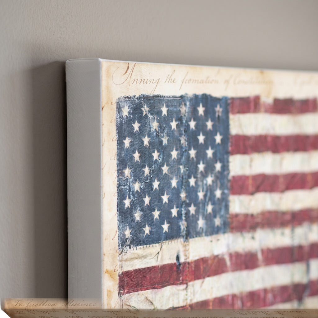 Corner detail of the flag canvas showing the parchment script and 0.75 inch gallery wrap