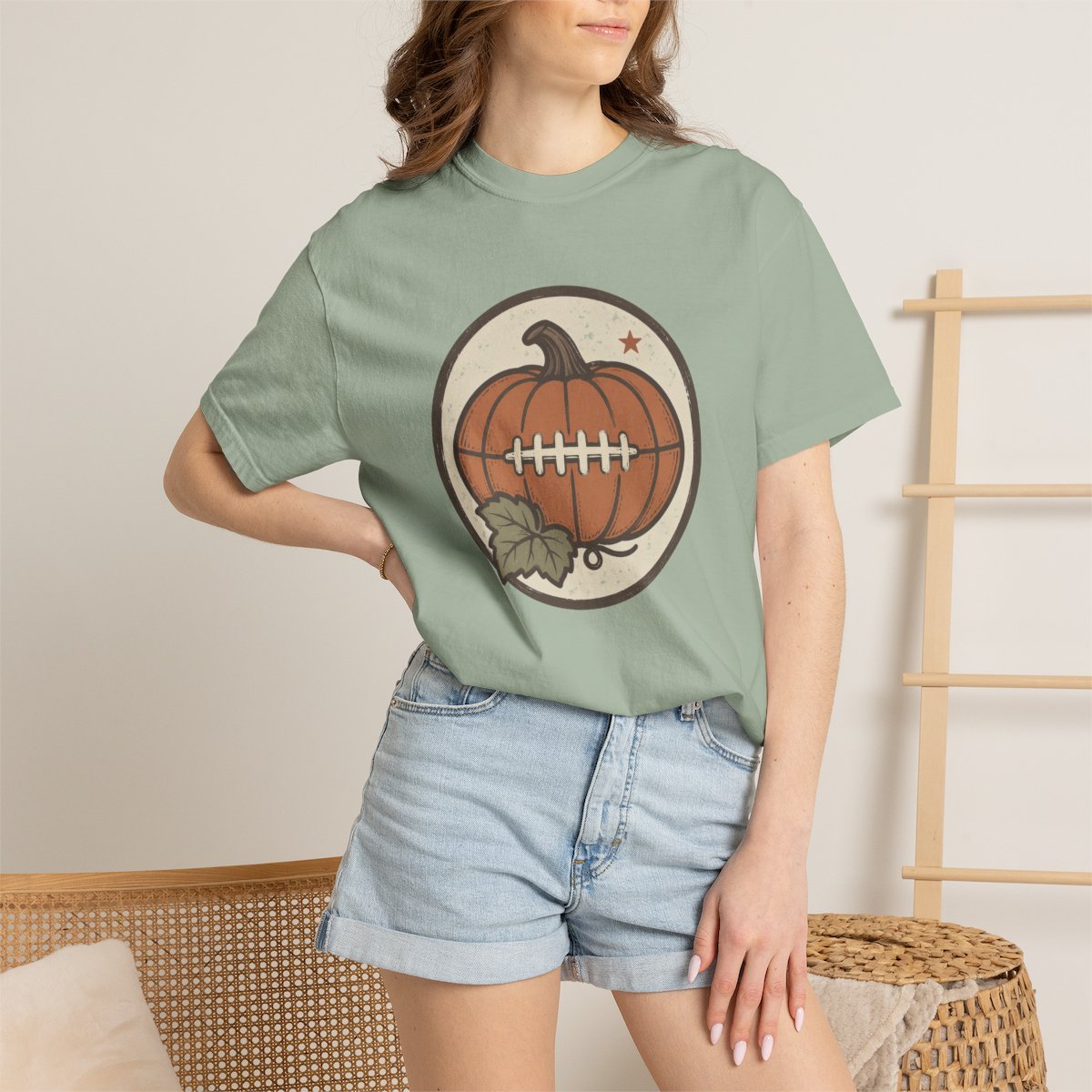 Pumpkin Football tee in bay, worn