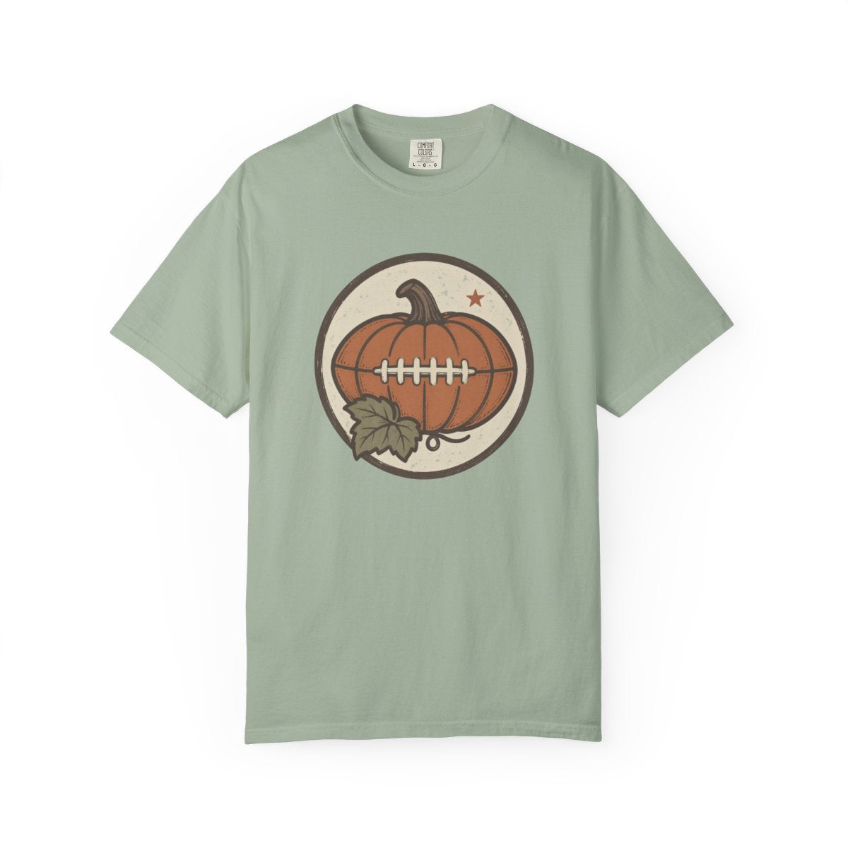 Pumpkin Football design printed on a bay tee, front view