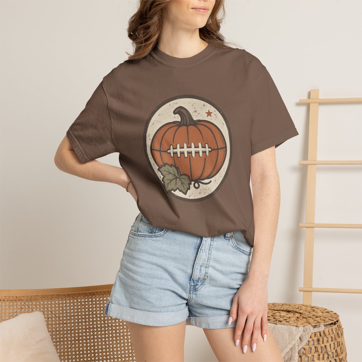 Pumpkin Football tee in espresso, worn