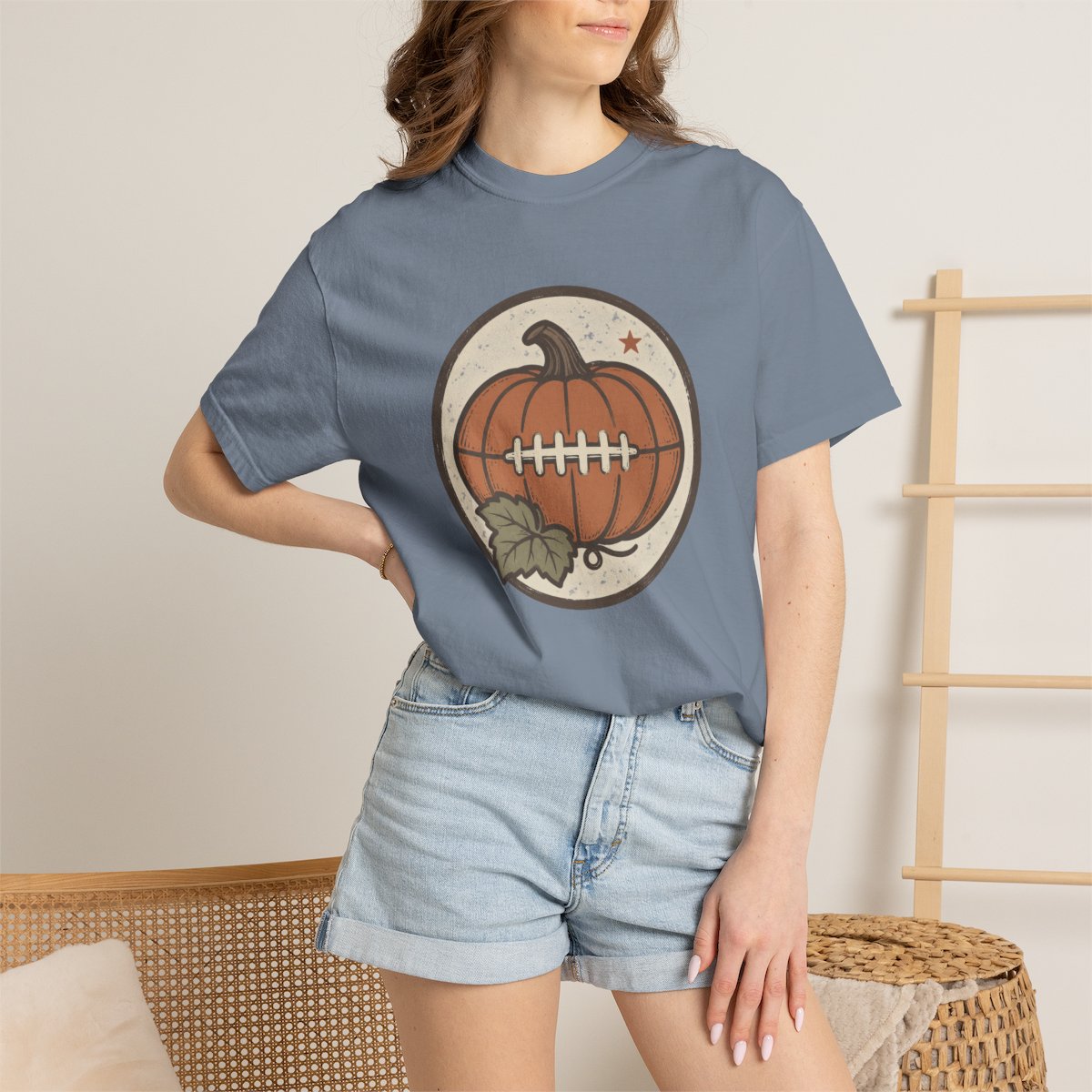 Pumpkin Football tee in blue jean, worn