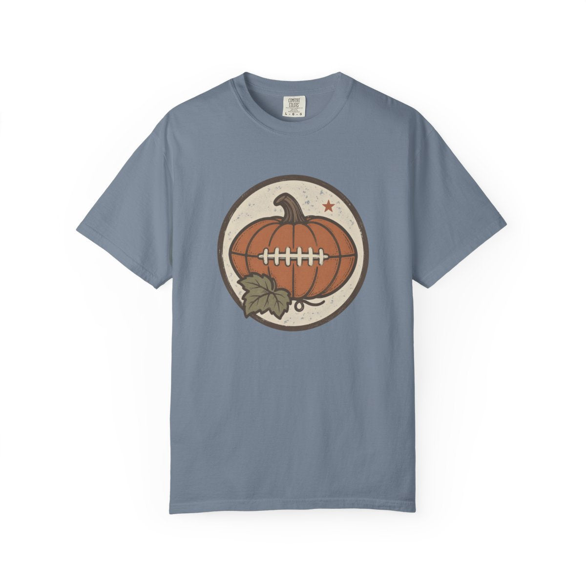 Pumpkin Football design printed on a blue jean tee, front view
