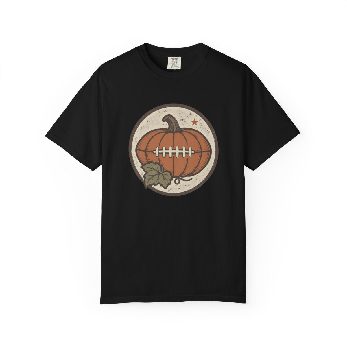 Pumpkin Football design printed on a black tee, front view