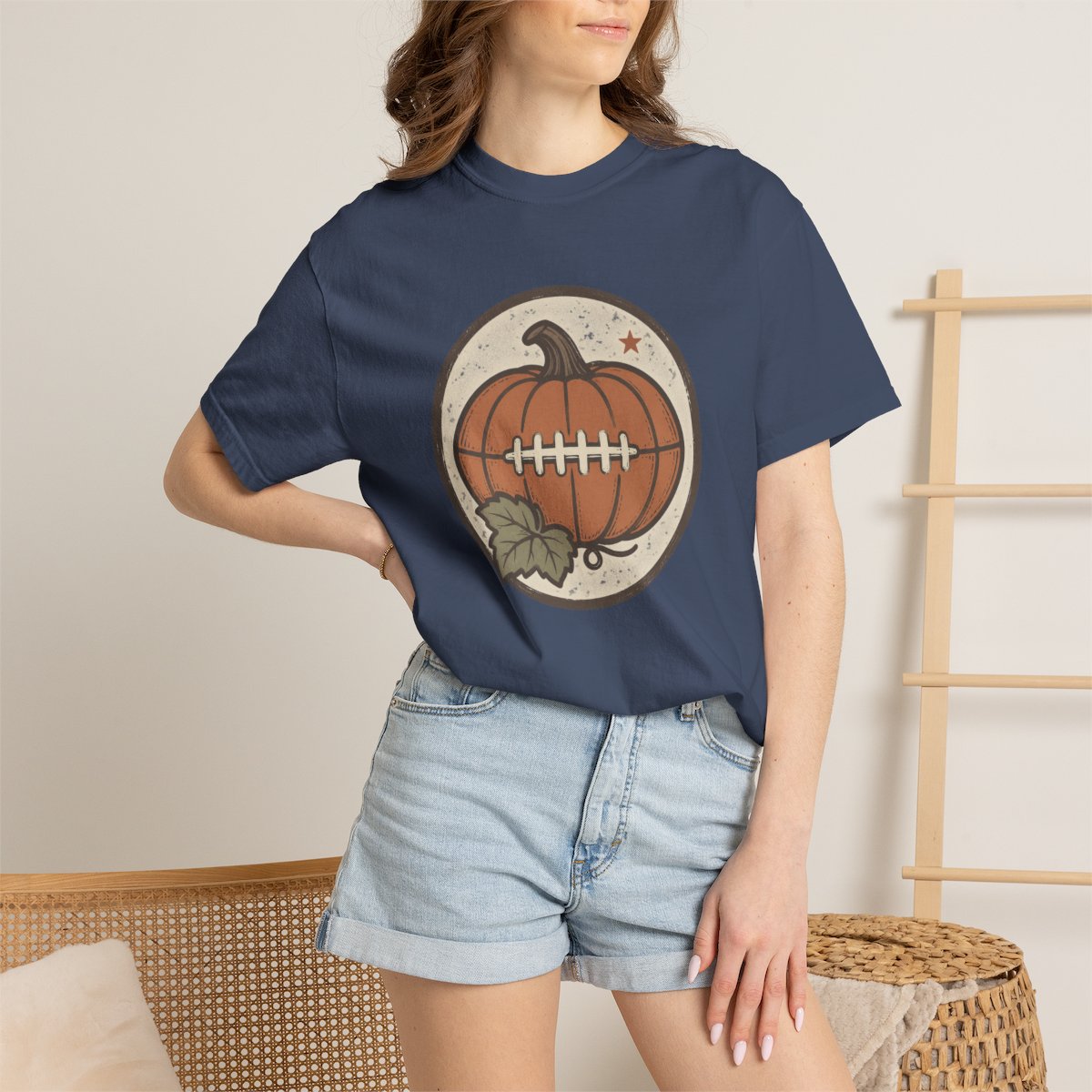 Pumpkin Football tee in midnight, worn