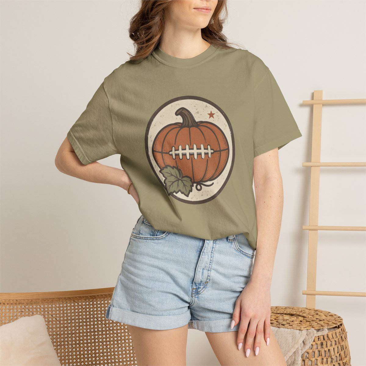 Pumpkin Football tee in khaki, worn