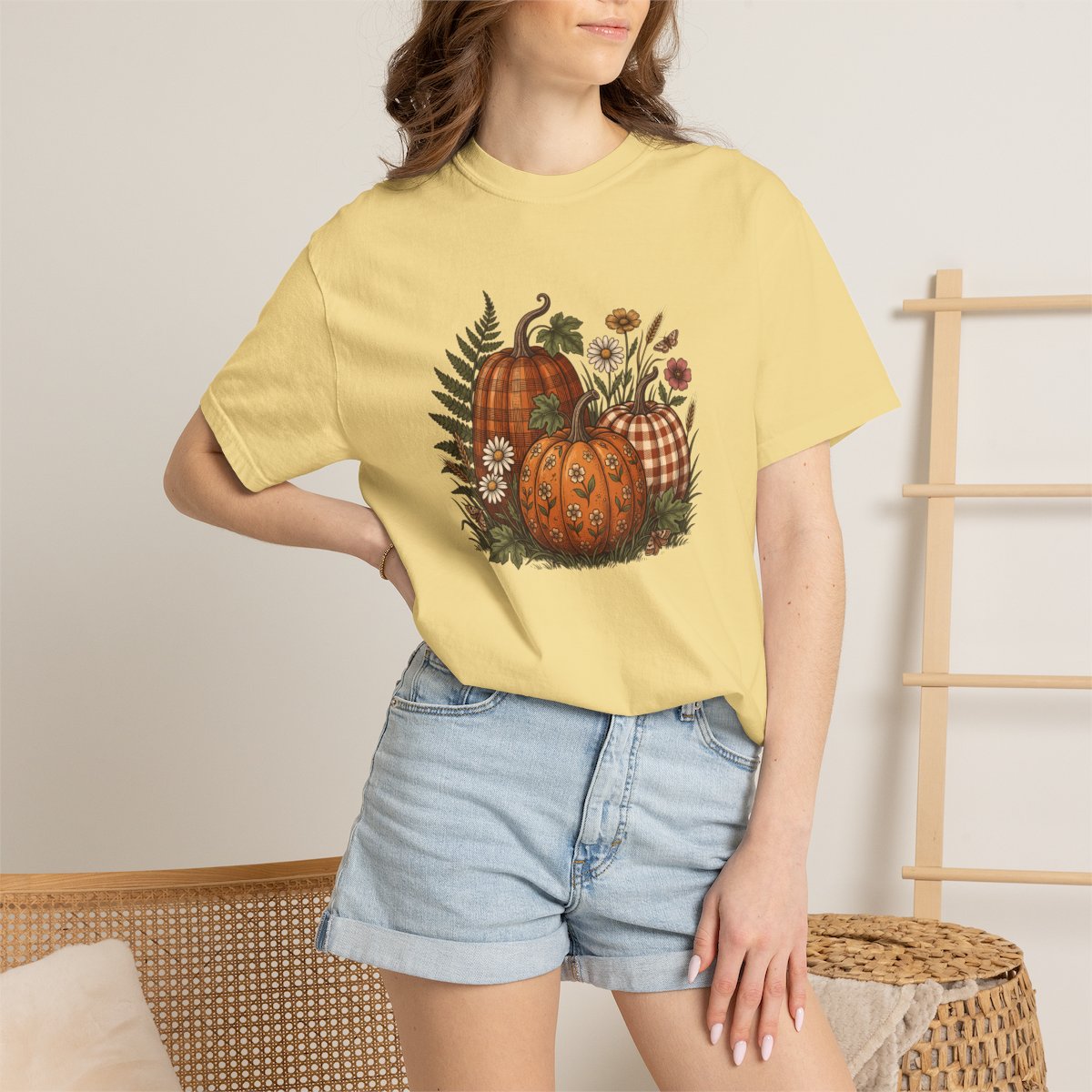 Patterned Pumpkin tee in butter, worn