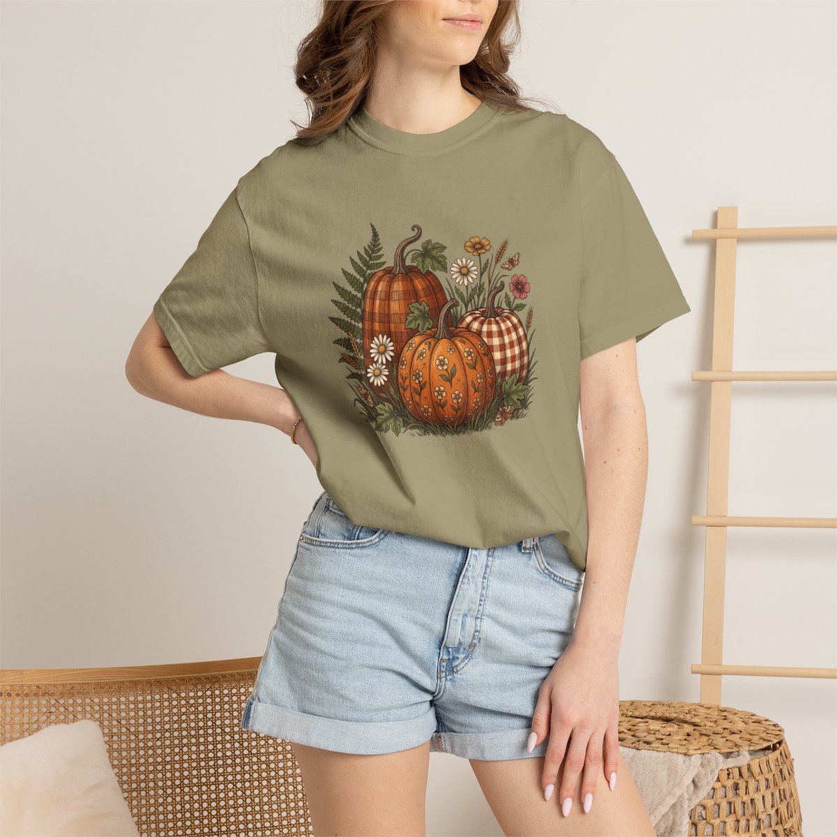 Patterned Pumpkin tee in khaki, worn